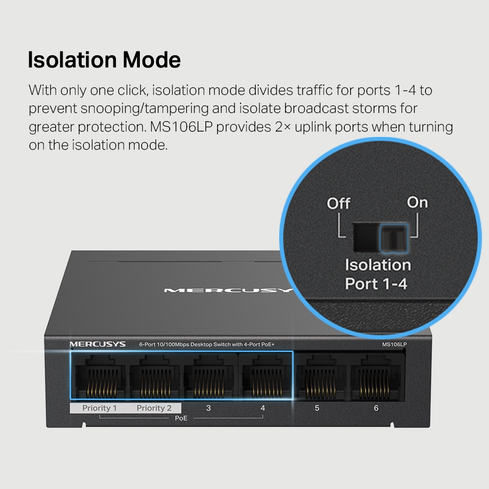 Mercusys MS106LP 6-Port 10/100Mbps Desktop Switch with 4-Port PoE+. 