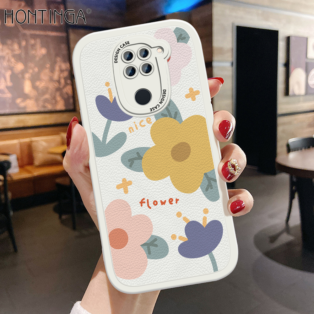 Hontinga for Redmi Note 9 Back Cover PU Leather Beautiful Flowers Print Case Soft Silicone Edge Phone Cases