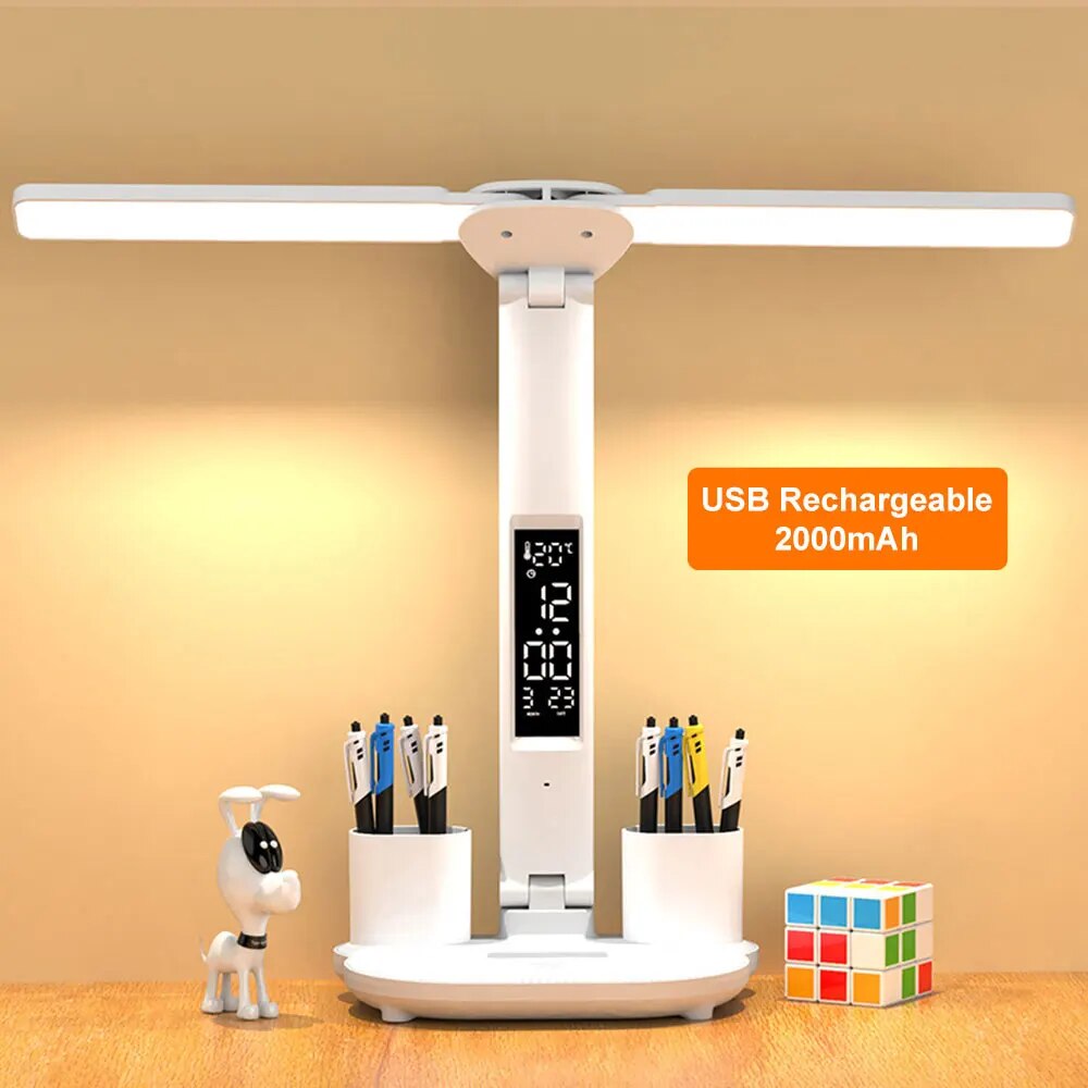 3 in 1 Folding Table Lamp with Fan Clock Calendar Rechargeable Reading Lamp Touch Dimming Night Light Eye Protection Desk Light. 