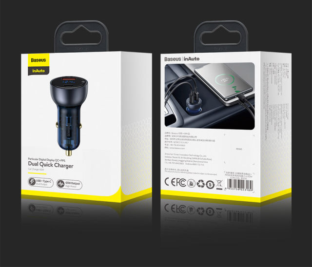 Baseus 65W PD Car Charger QC 4.0 QC 3.0 LED Display Type-C Fast Charger Quick Charger For all Phone USB Phone Charger In Car. 