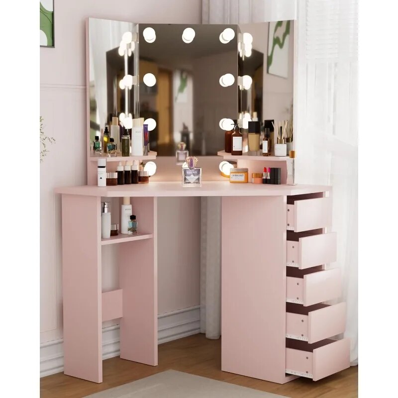 Corner Vanity Desk with Drawers and Mirror, Corner Makeup Vanity with Mirror and Lights, Small Bedroom Vanity Table Makeup Desk