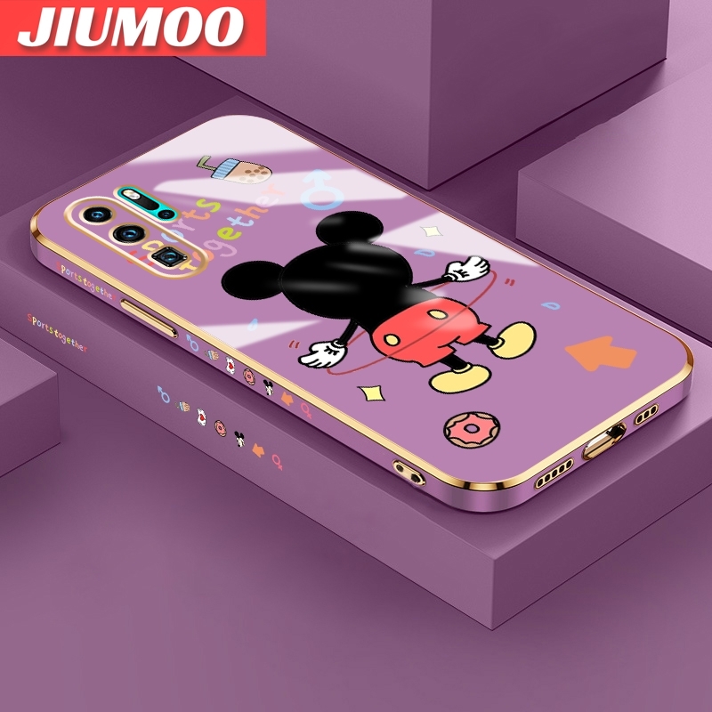 JIUMOO For Huawei P30 Pro Case Cartoon Mickey Mouse Fake Side Design Luxury Plating Phone Case Square Edge Pattern Liquid Silicone Casing Full Cover Camera Soft Protection Cases. 