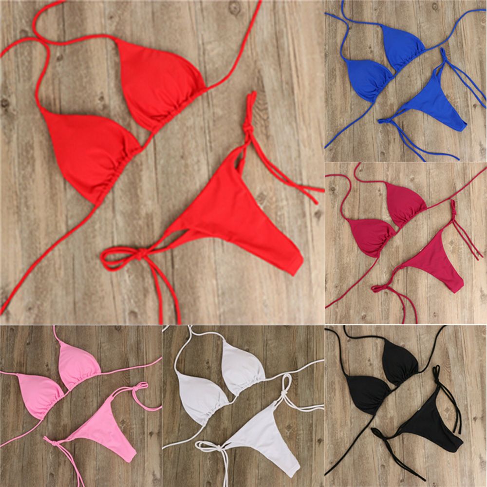 Solid Color Adjustable Backless Side Tie G-string Thong Split Bikini Set Brazlian Swimwear Swimsuit Bathing Suit. 