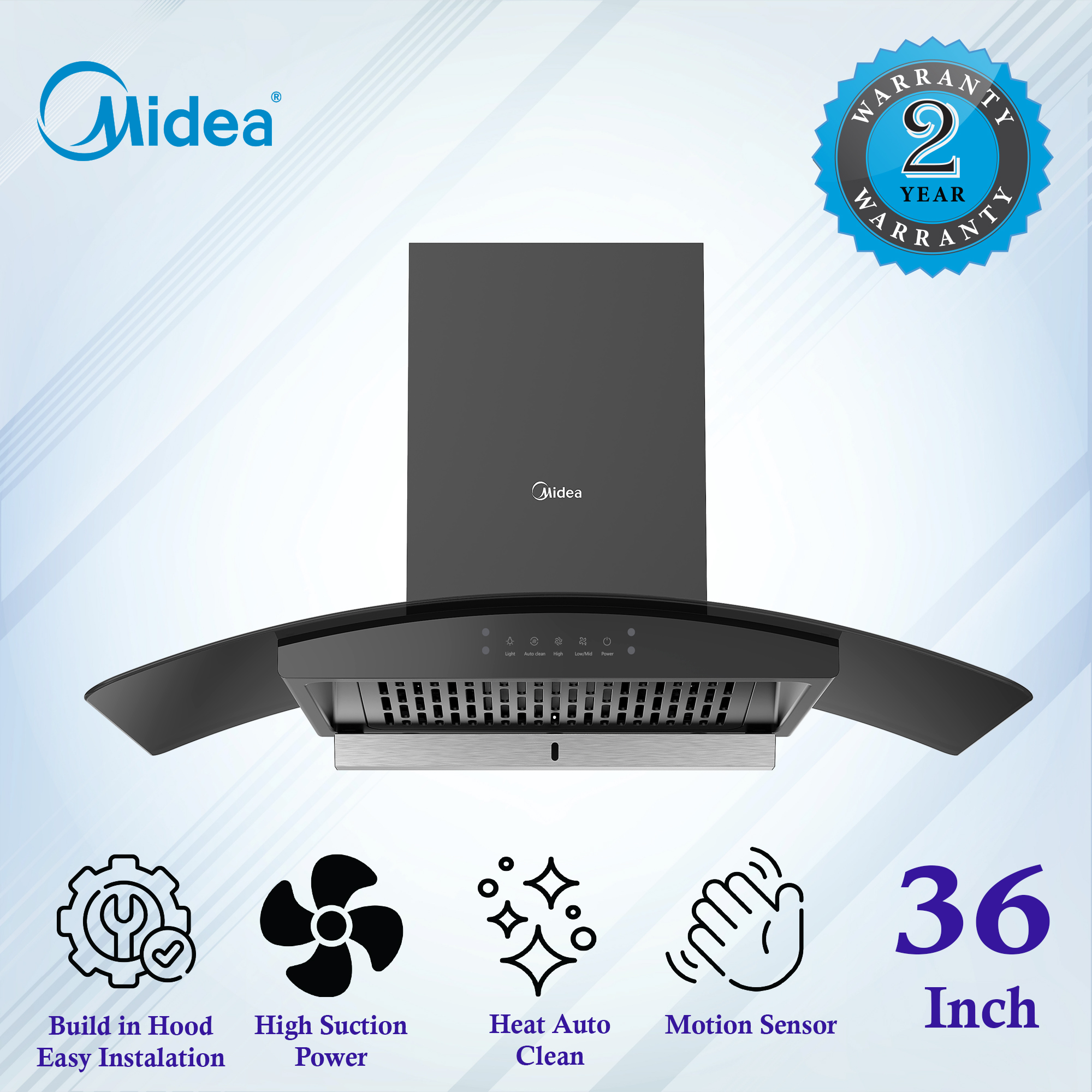 Midea 90V11 36 Inch Kitchen Chimney with 1250m3/hr strong air suction and thermal autoclean