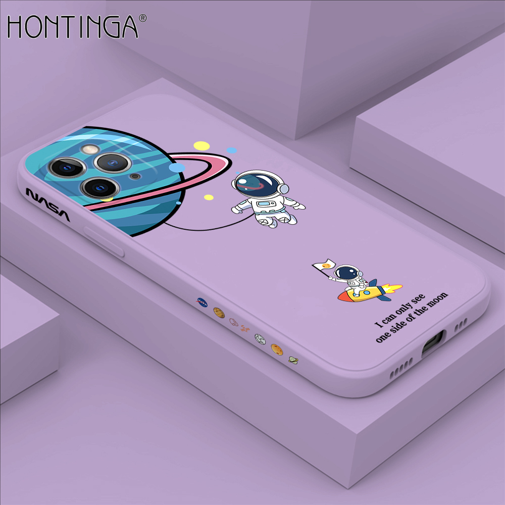 Hontinga for iPhone 11 Pro Max Case Cartoon Astronaut Side Design Back Cover Soft Square Edge Liquid Silicone Phone Cases. 