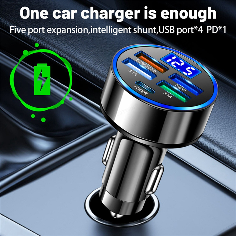 5 in 1 Car Auto Charging Plug Adapter LED Digital Display 15W Car Charger Adapter Fast Charging Easy to Use. 