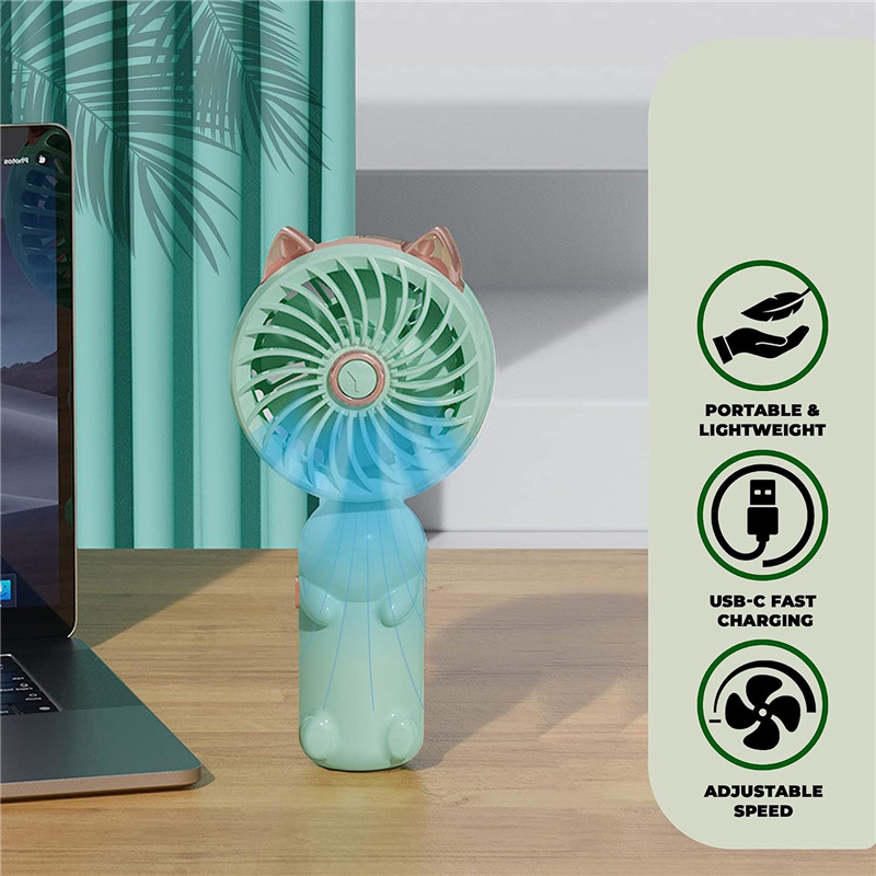 1 PCS Portable Hand Held Fan Mini Fan Foldable Small Fan with Cat Ears with USB Rechargeable Battery (Green). 