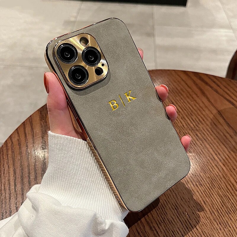 Leather Personalised Customized Name Case For Iphone 11 12 13 14 15 Pro Max Electroplated Frame Lambskin Initials Cover 11 15Pro. 