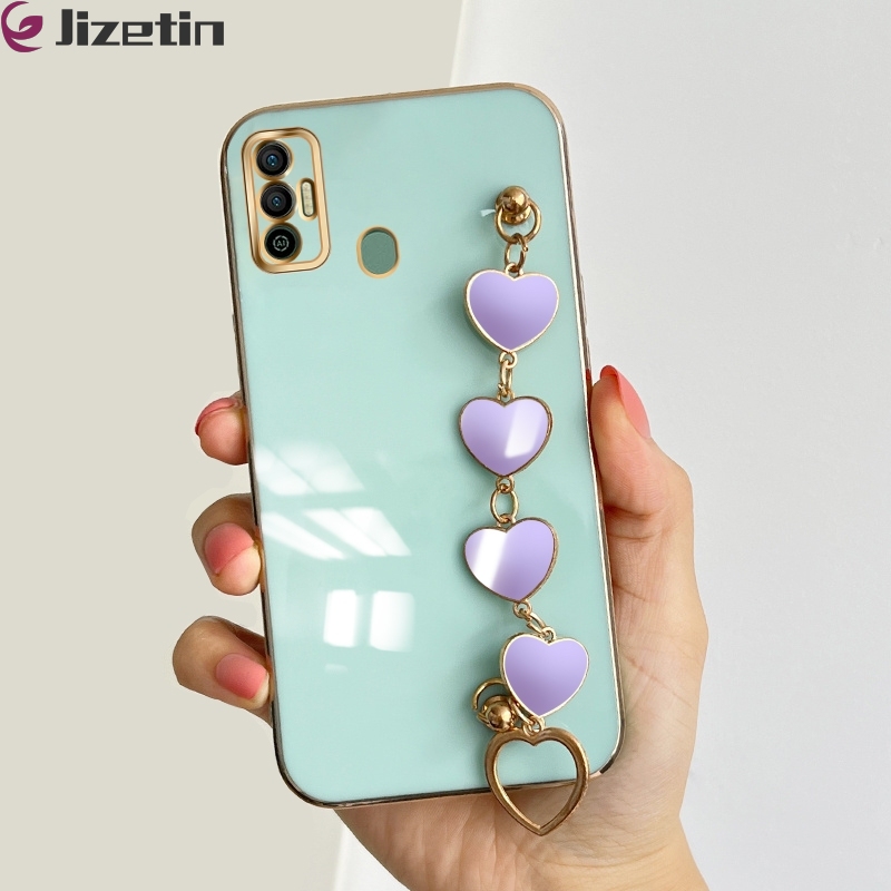 Jizetin for Tecno Spark 7 / Spark 7T Back Cover With 3D Love Heart Wristband Chain Luxury Plating Fashion Bracelet Phone Cases