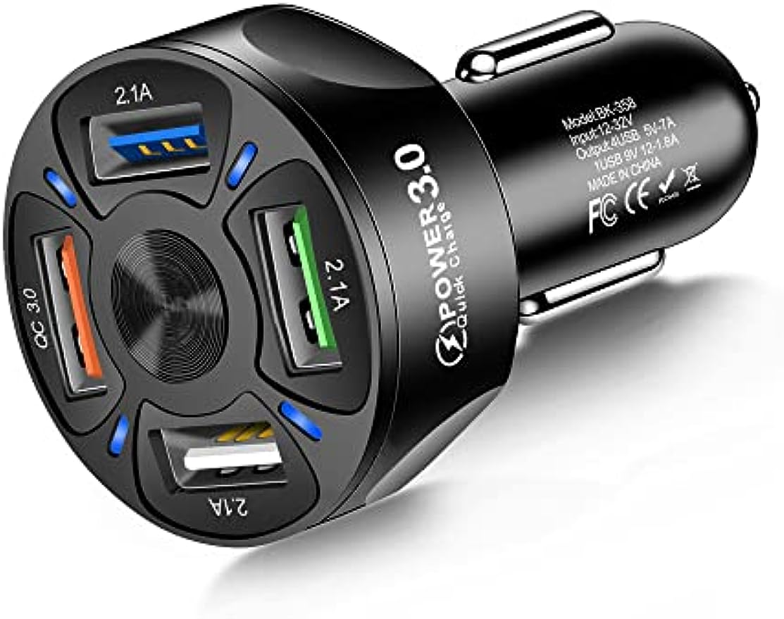 【FUPANG】4-Port Car Charger Adapter,QC3.0 Fast Charging with LED Light Display Cigarette Lighter Charger Compatible with iPhone 15Pro Max 14 Pro MAX/13 MacBook Pro iPad Pro Galaxy All