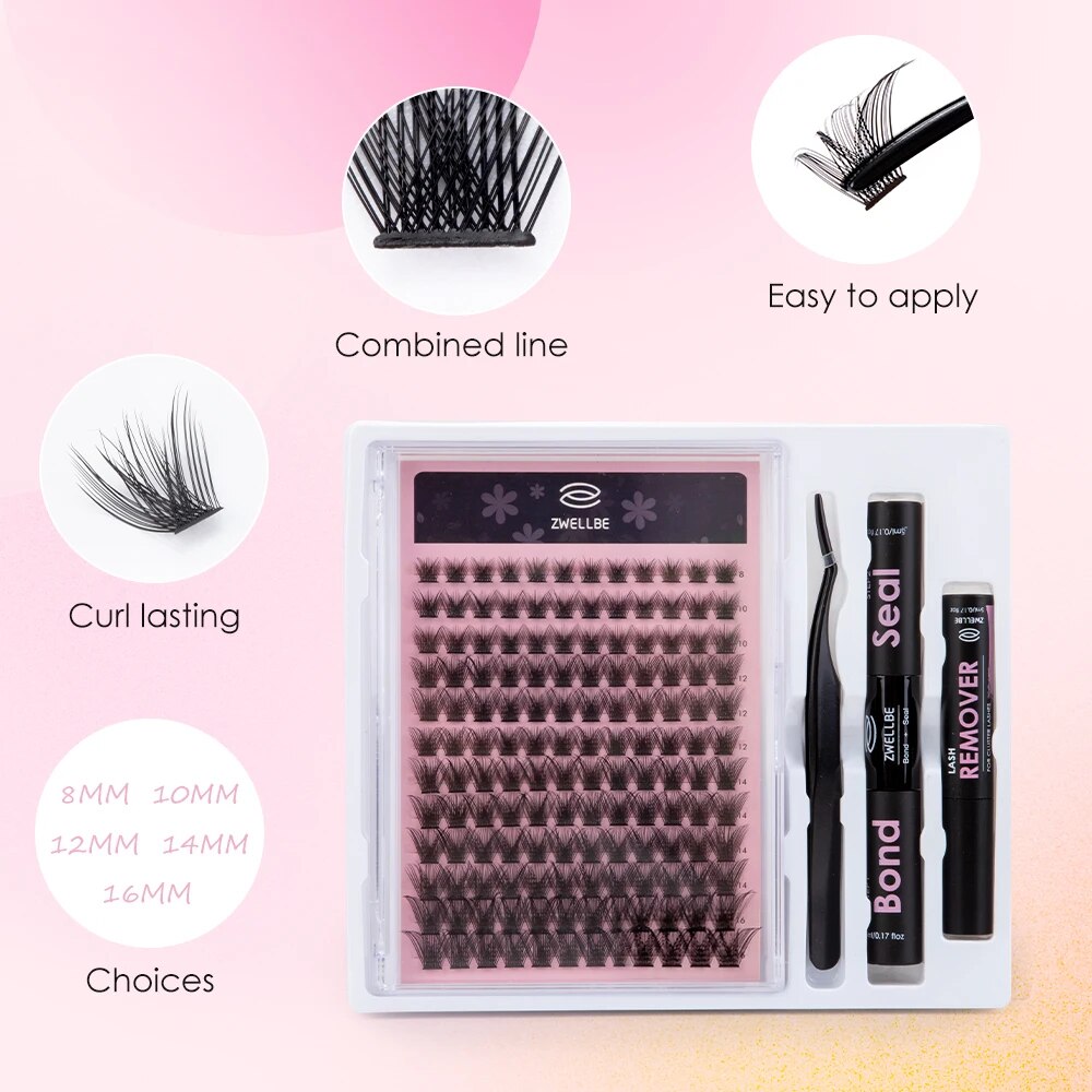DIY Eyelash Extension Kit at Home, 144pc Individual Lashes Kit Natural Lash Clusters D Curl Wispy Lash Kit with Lash Glue Makeup. 