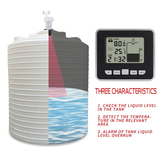 Ultrasonic Wireless Water Tank Liquid Depth Level Meter Sensor LED Display Black & White TS-FT002. 
