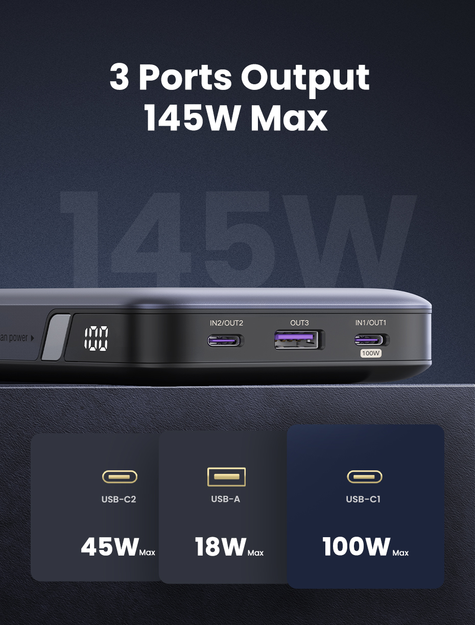 UGREEN PB205 (90597A) 25000mAh 145W Fast Charging Power Bank - Grey - UGREEN Two-way Fast Charging Power Bank - Lightning-fast PD 3.1 and QC 3.0 technologies for rapid charging -  Total Output: 145W - Battery Capacity: 25000mAh. 