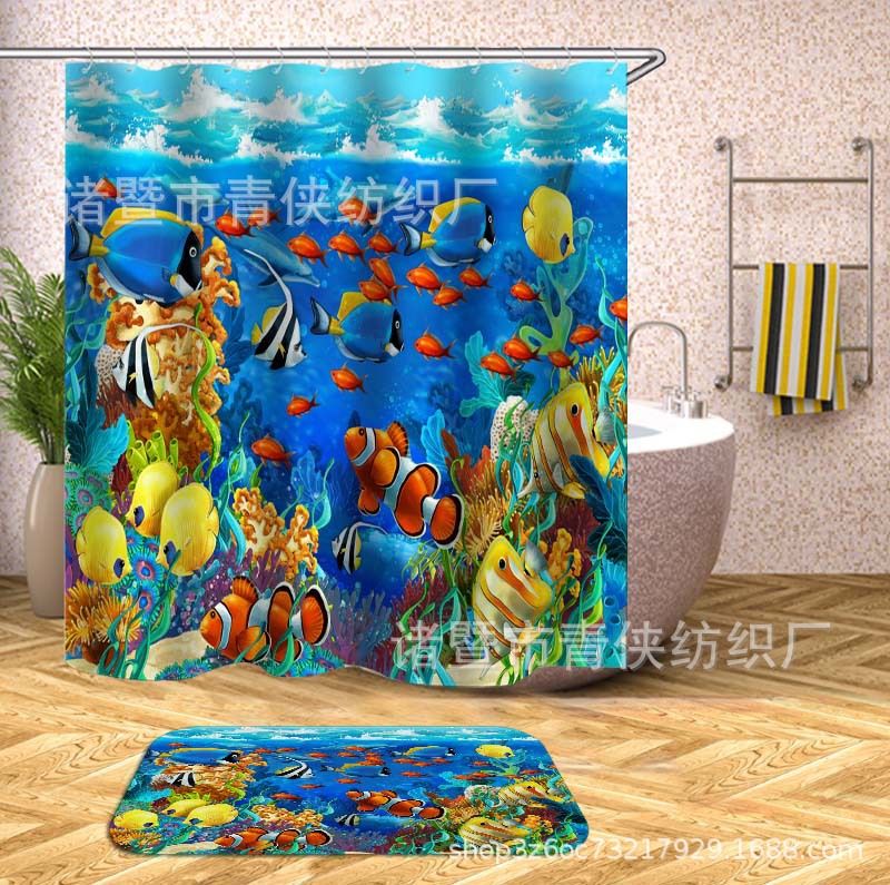 Factory e-commerce wholesale volume, high price, excellent polyester digital printing shower curtain floor mat four-piece set, toilet three-piece set, dolphin. 