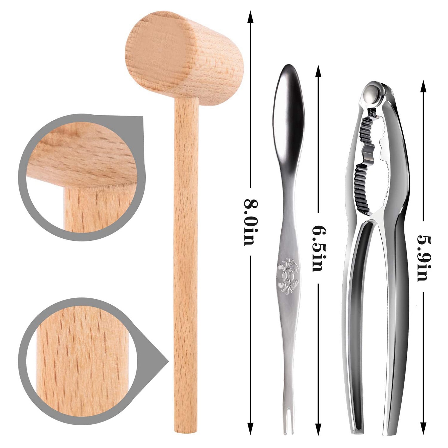6Pcs Seafood Tools Set Including 2 Forks 2 Lobster Crackers Nut Cracker ,Crab Crackersand 2 Lobster Crab Mallets. 
