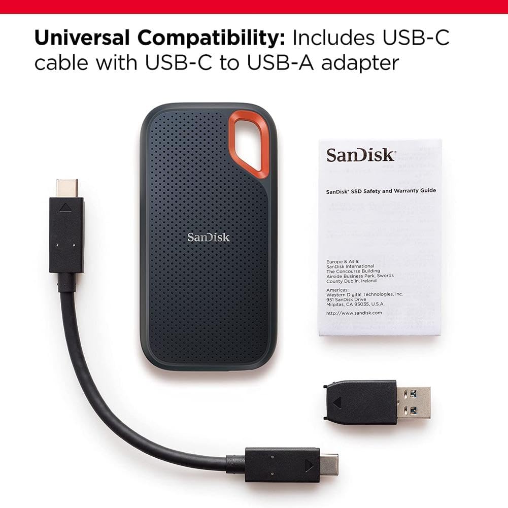 SanDisk 2TB Extreme Portable SSD USB-C, USB 3.2 Gen 2, IP65 Water and Dust Resistance, Updated Firmware - External Solid State Drive (1050Mb/s R, 1000Mb/s W) # SDSSDE61-2T00-G25. 