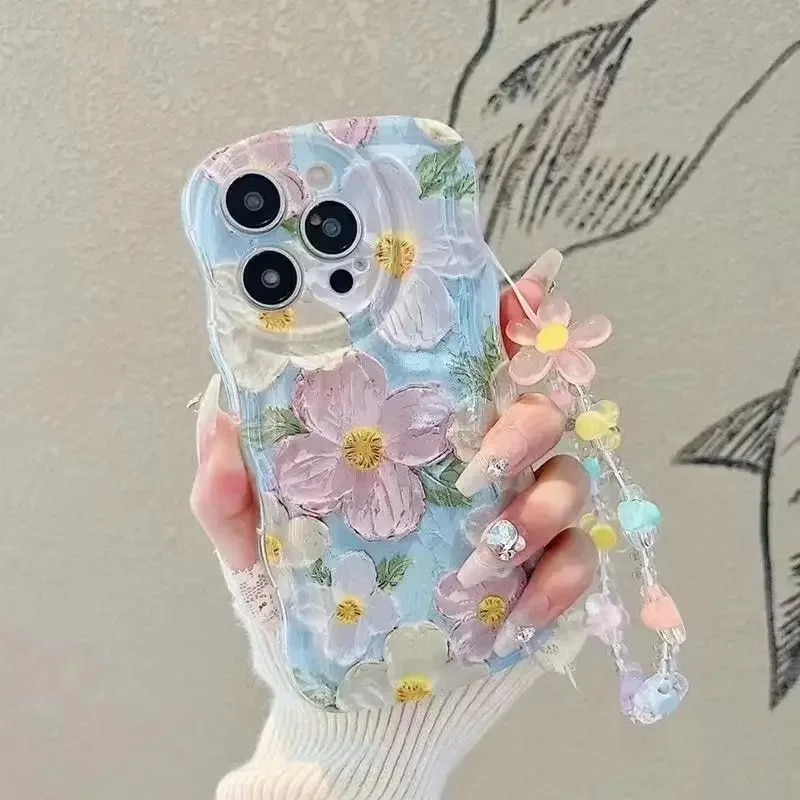 Flowers Painted Kawaii Girl Phone Case for iPhone 14 13 12 11 Pro Max Mini X XS XR 6 7 8 Plus Korean Y2k Back Cover with Strap Alien Alien