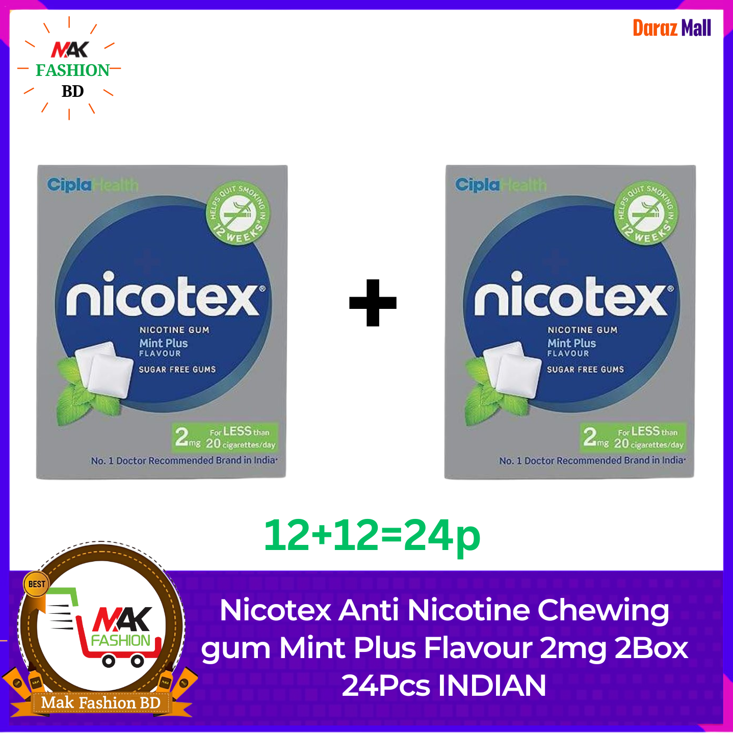 Nicotex Anti Nicotine Chewing gum Mint Plus Flavour 2mg 2Box 24Pcs INDIAN