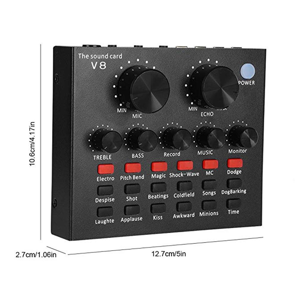 V8 Multifunctional Live Sound Card USB Audio Interface Intelligent Volume Adjustable Audio Mixer Sound Card for Recording Hosting Speech. 