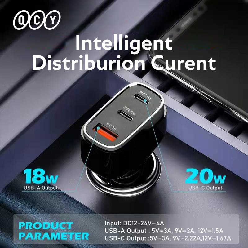 QCY 3 Port Car Charger 40W PD Fast Charger QC 3.0 USB Type C Car Charger For iphone 13 12 Xiaomi Huawei Samsung Quick Charger. 