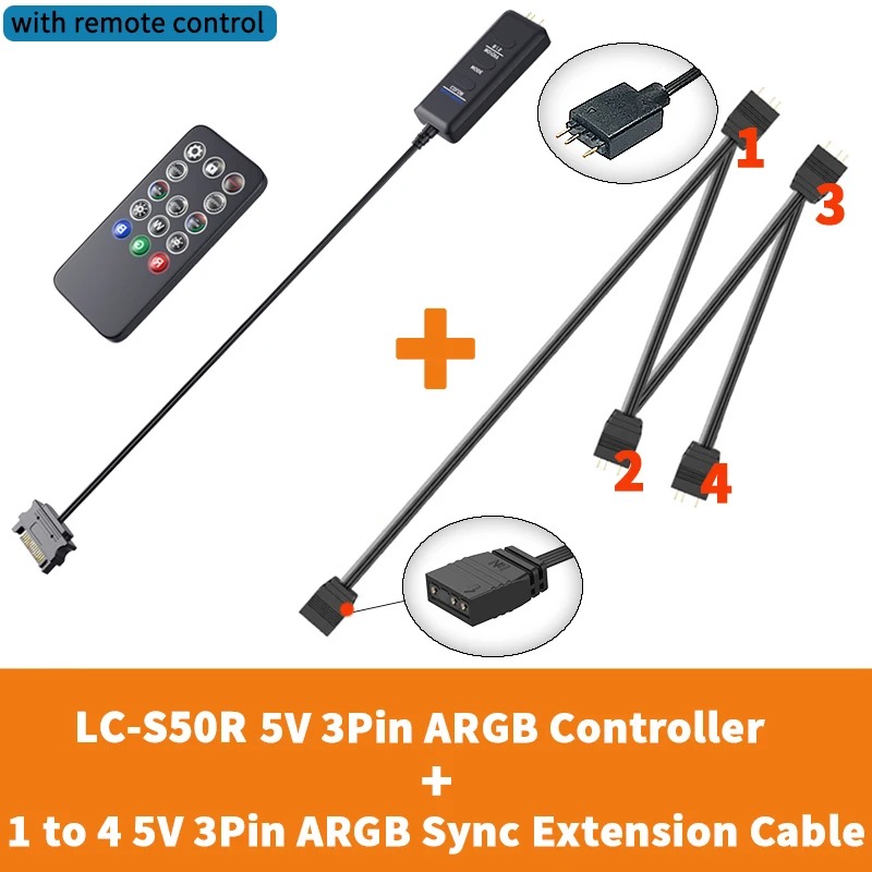 TEUCER LC-S50R Mini Adapter Controller ARGB 5V 3PIN to SATA Interface Extension Cable with Remote Control For PC Fan Light Strip