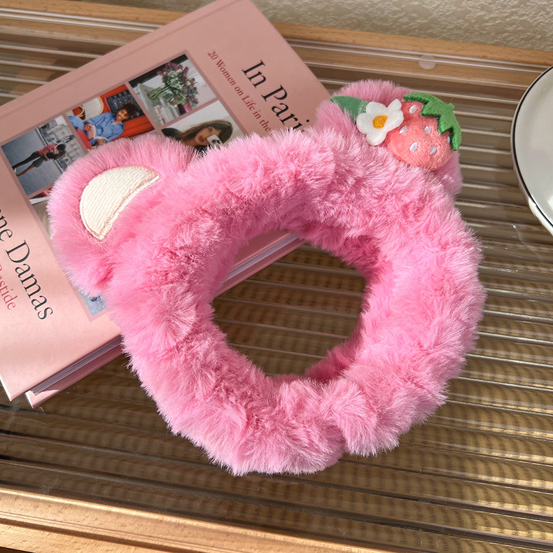 Cartoon Strawberry Bear Ears Hairpin Female Cute Plush Face Wash Hairband Mask Mask Headband Hairpin Autumn and Winter Headwear