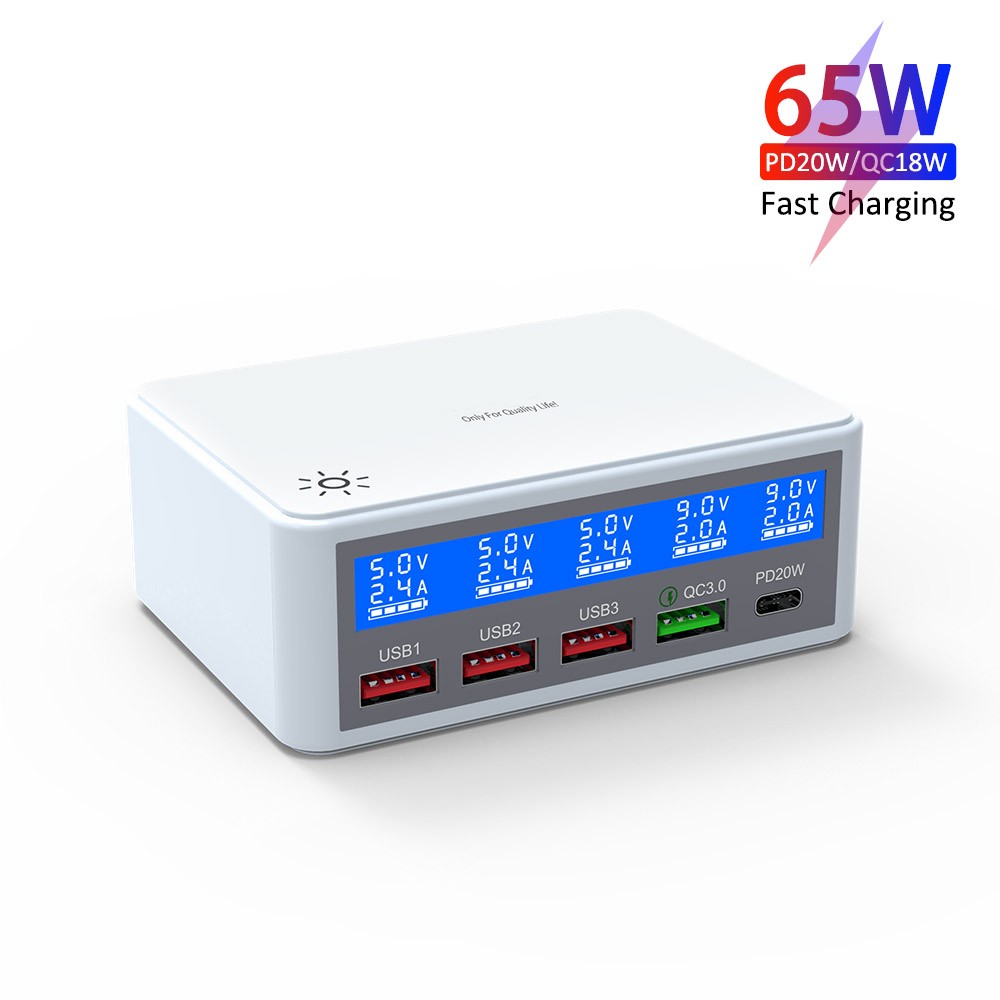 Multiple USB Charger 65W 5-Port USB Charging Stations with LCD Display PD 20W + QC3.0 Fast Charger Multi-Port USB Hub Charger for Smart Phones Tablet Earphone and More-eu. 