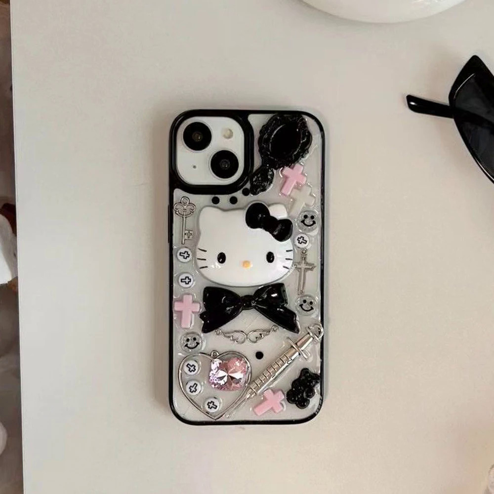 【Emotion HENG】Sanrio 3D Hello Kitty with bracelet clear phone case for iPhone 15 14 13 12 11 pro Max 15pro anti-fall back cover Y2K girl gift. 