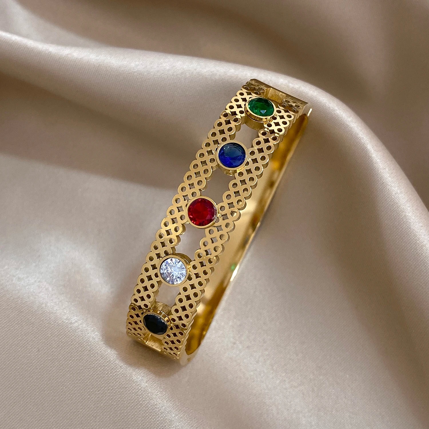 ALLYES Fashion Colored Rhinestone Zircon Stainless Steel Bangles Bracelets for Women Gold Color Waterproof Jewelry Gift. 