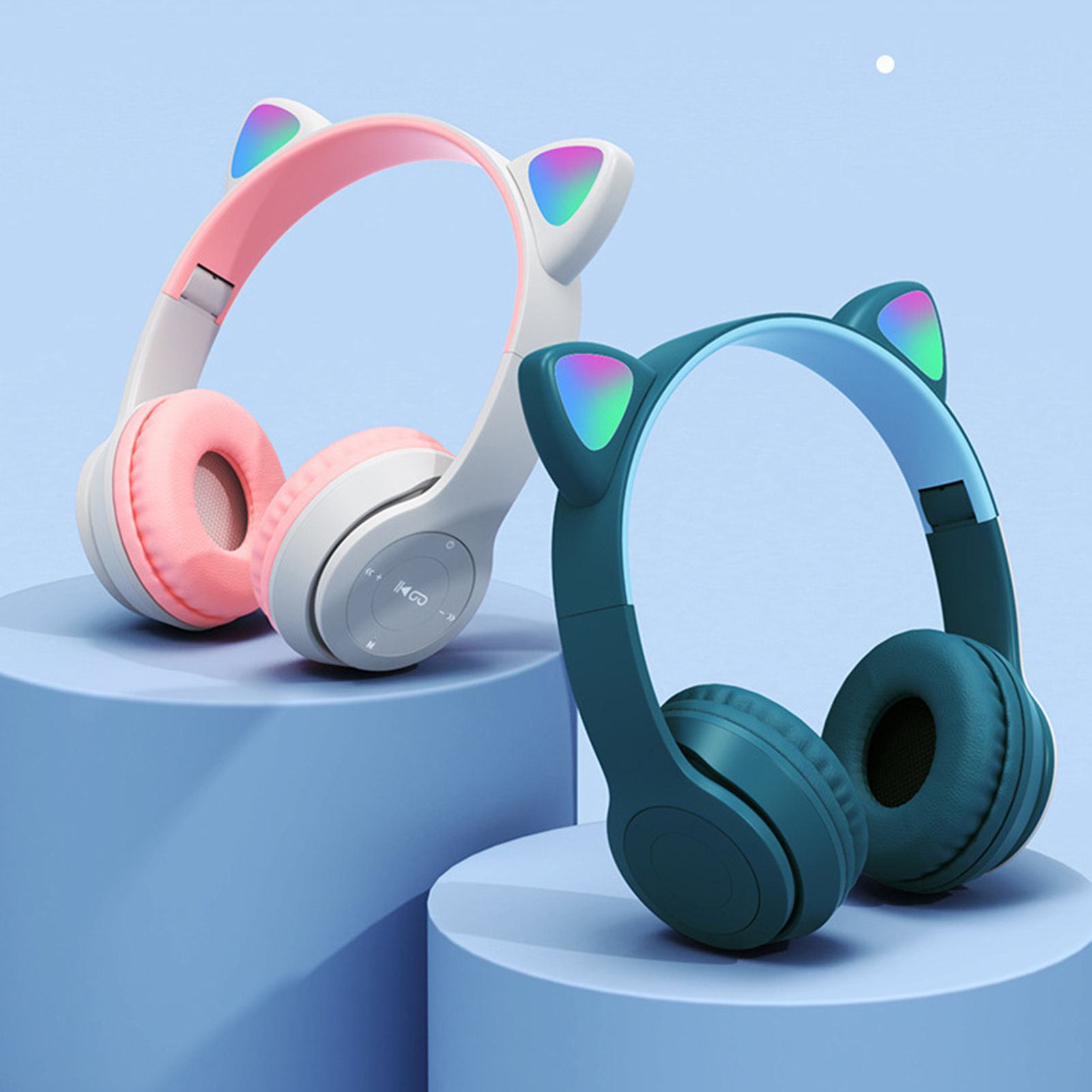 P47 Headphone Bluetooth 5.0 Luminous Cat Ear Shape Wireless Headset for Travel. 