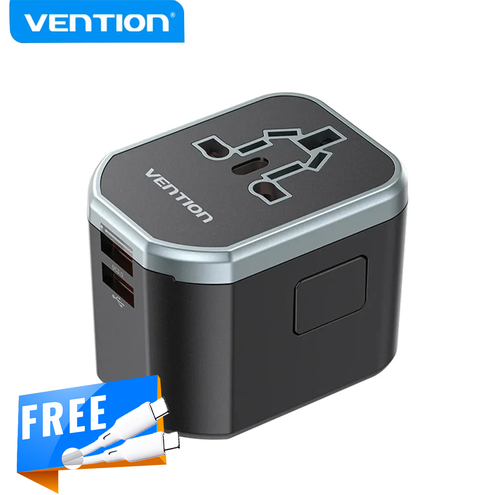 Vention FJCB0 3-Port USB (C + A + A) Universal Travel Adapter (20W/18W/18W) - Black - Universal Travel Adapter - Fast Charging for All Three Ports