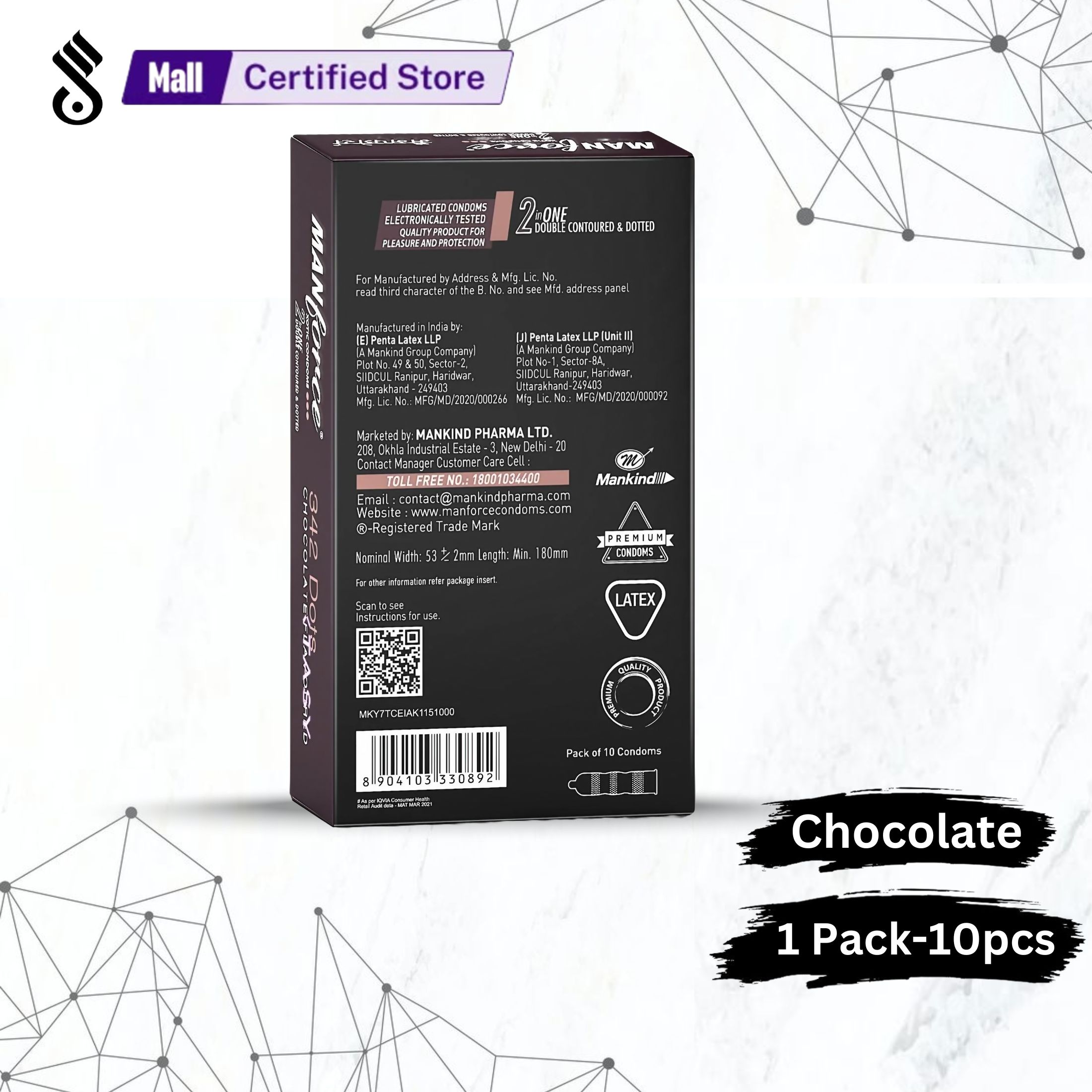 Manforce Chocolate Flavoured Extra Dots Condom For Men - Large Single Pack 10pcs Condoms. 