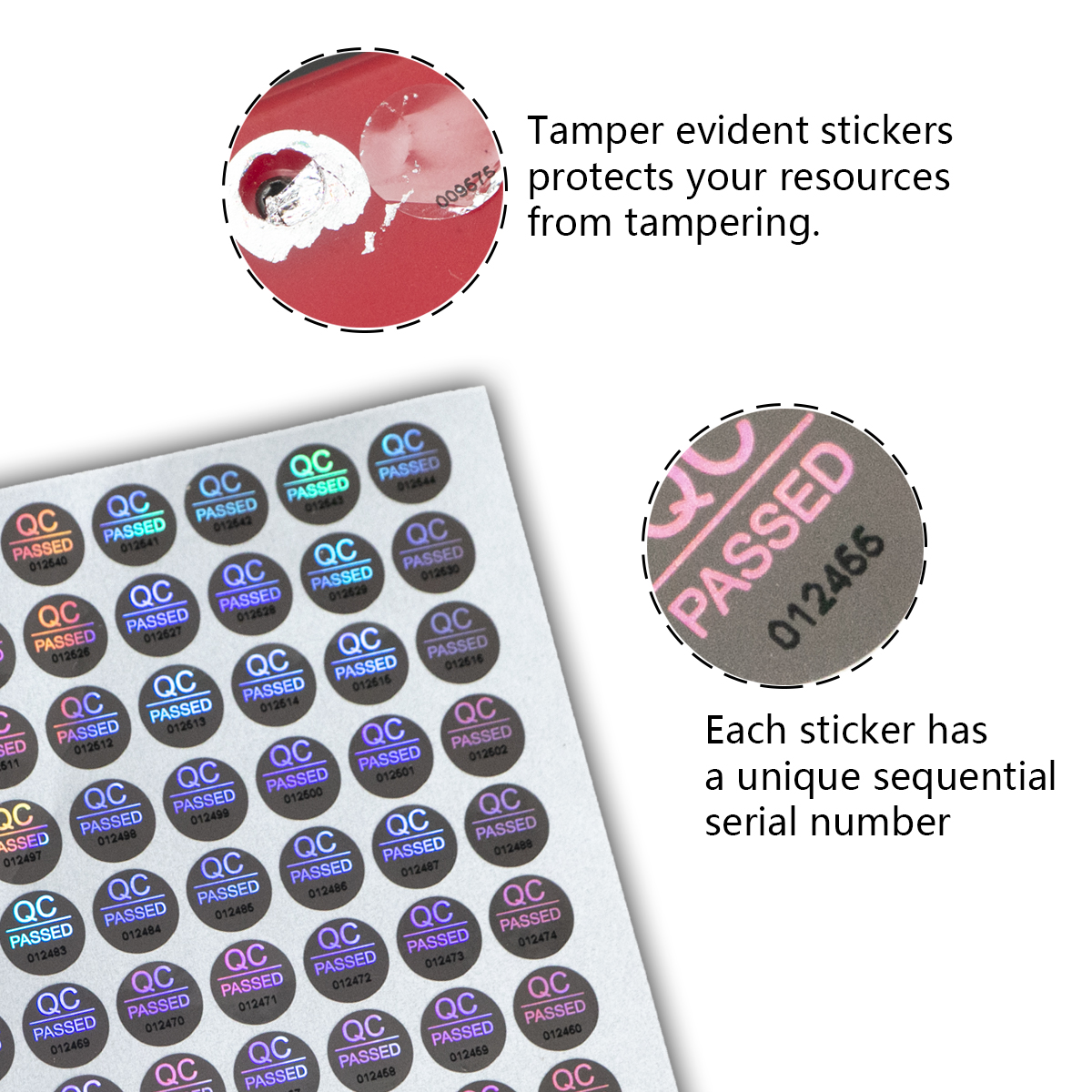 Silver High Security seals Tamper Evident sticker Warranty Void QC Passed labels Hologram stickers with Unique Serial Numbering. 
