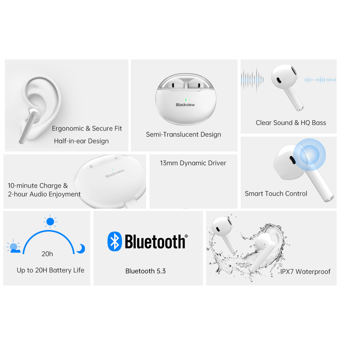Blackview Heasets AirBuds 6 Bluetooth 5.3 Headset TWS Wireless Earphones Touch Control Headphone With Microphone. 