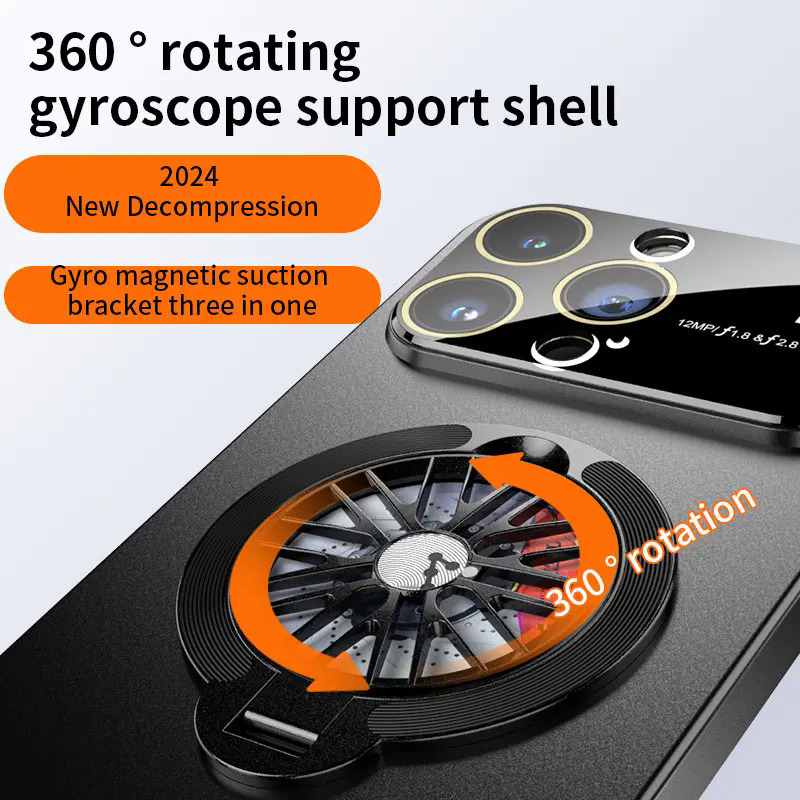 【Buried Buzie】Gyroscope Magnetic Stand Phone Case For iPhone 11 12 13 14 15 Pro Max Plus Lens Protection Frosted PC Rotatable Gyro Cover Funda. 