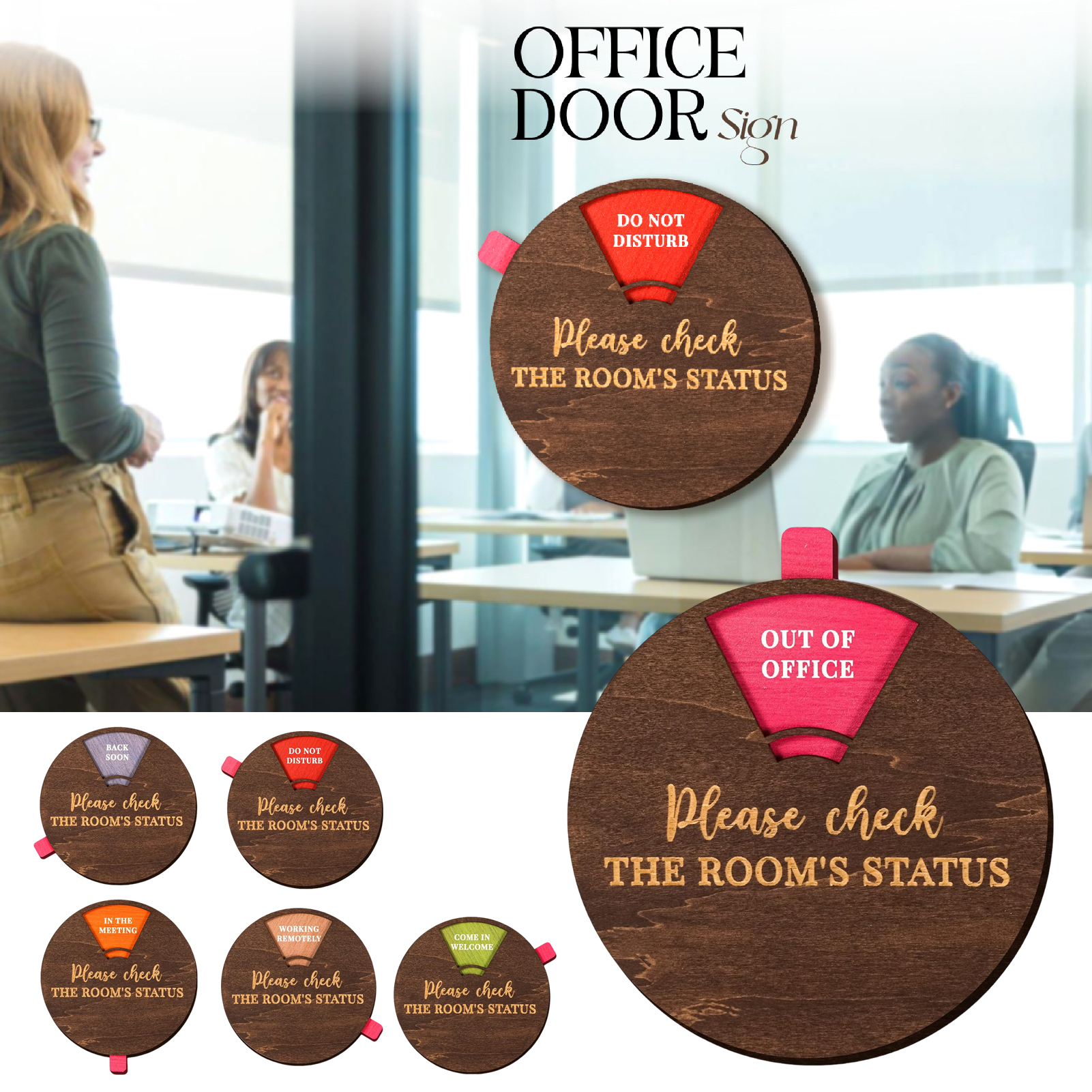 Come in Welcome Door Sign Wooden Office Door Sign Rotatable 6 Status Do Not Disturb Back Soon Come in Welcome Meeting Room Plaque Solid Wood Door Sign. 