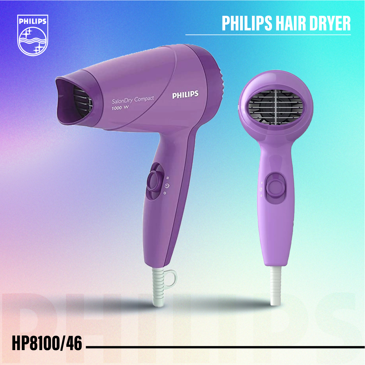 Philips HP8100/46 Compact Hair Dryer – 1000W, ThermoProtect Technology,  Heat Settings (Purple)