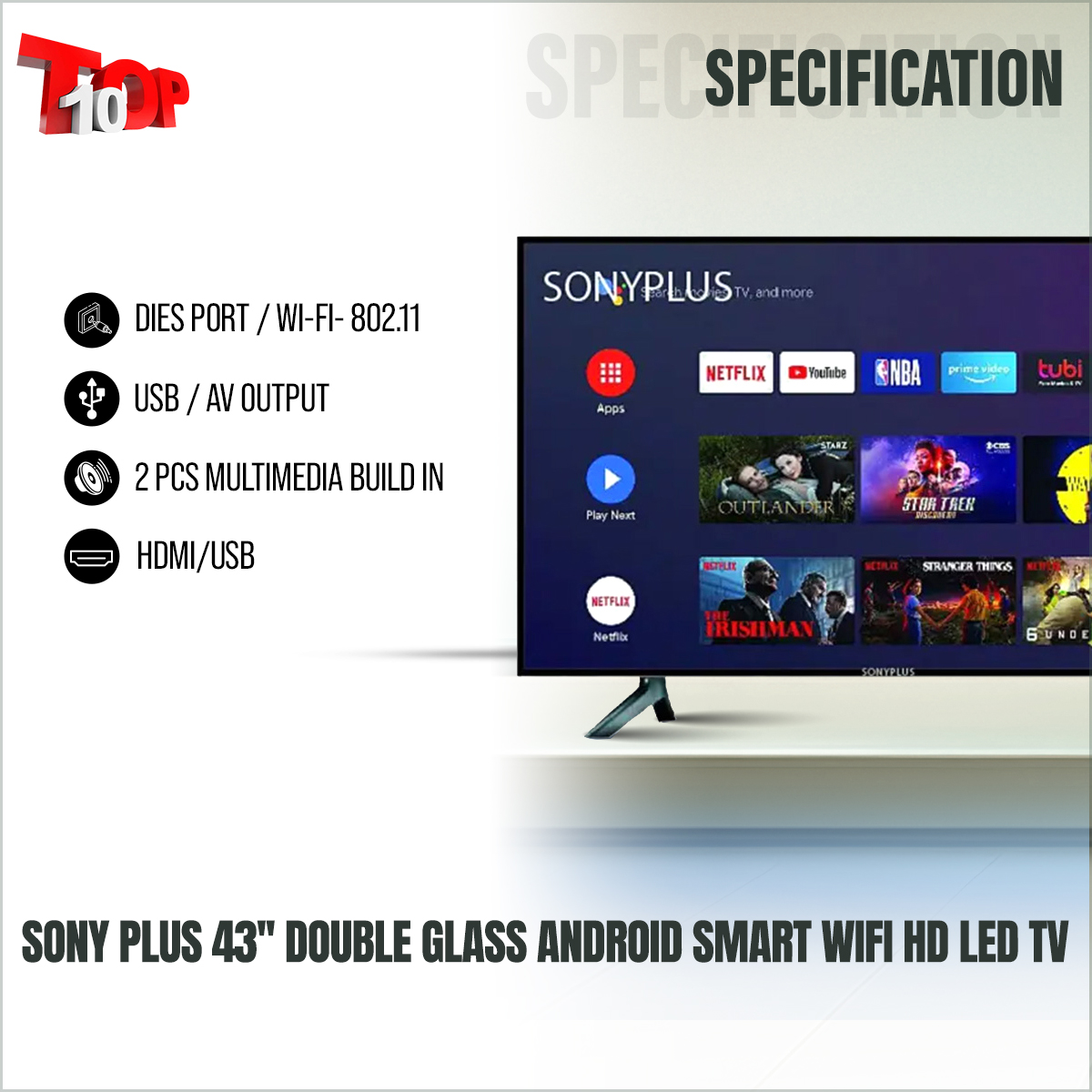 Sony Plus 43'' Double Glass Smart Android Wi-Fi Hd Led Tv 4k Supported Ram 2 gb Rom 16 gb Android version 11.0 Built-In. 