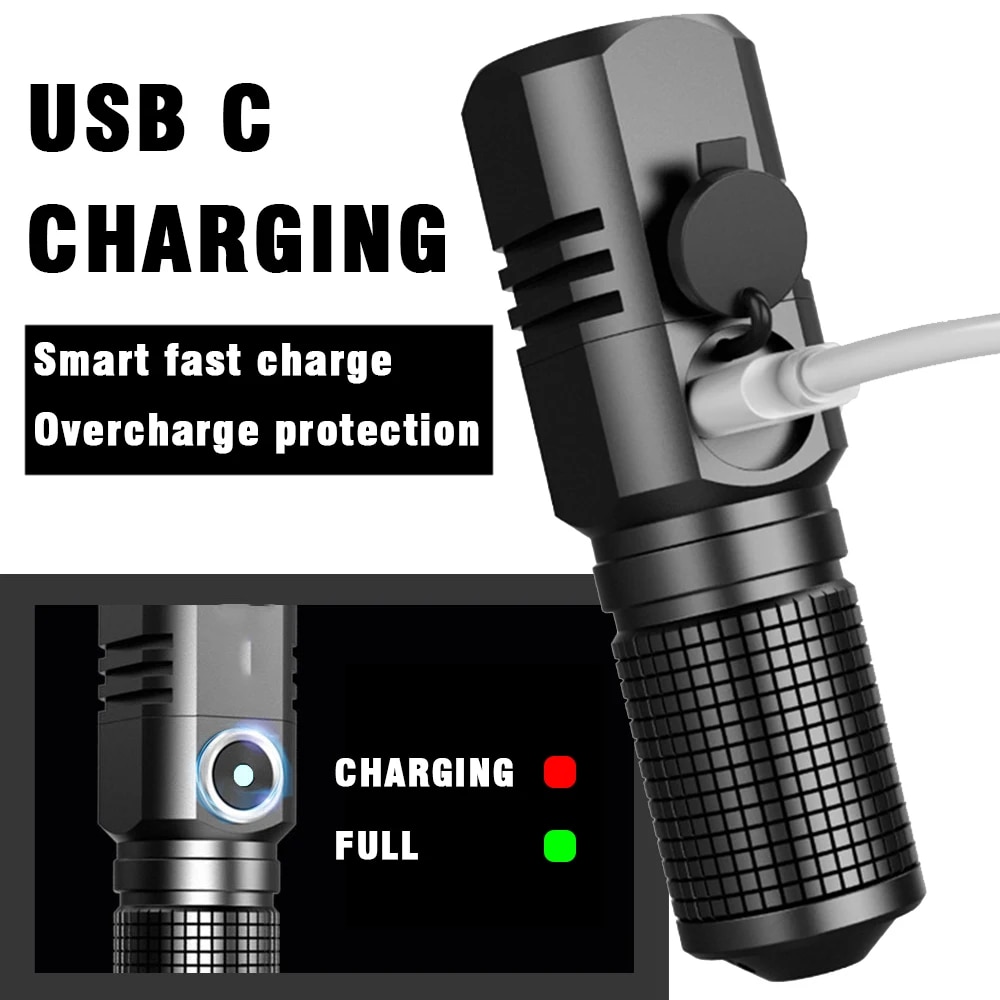 XHP50 LED USB C Rechargeable Mini 16340 18650 Battery Flashlight 1500lm Powerful Torch Can Be Closed with One Click. 