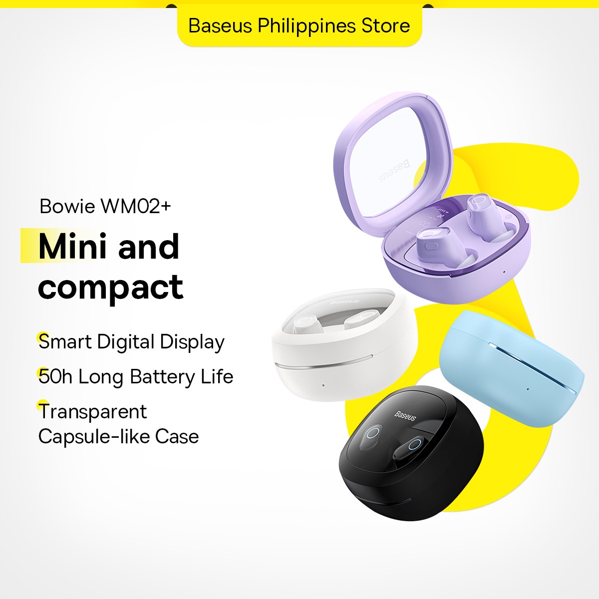 Baseus Bowie WM02+ Wireless Bluetooth Earphone Transparent Case With Smart Display Wireless Earbuds With Mic Touch Control App Support Low-Latency Earphone. 