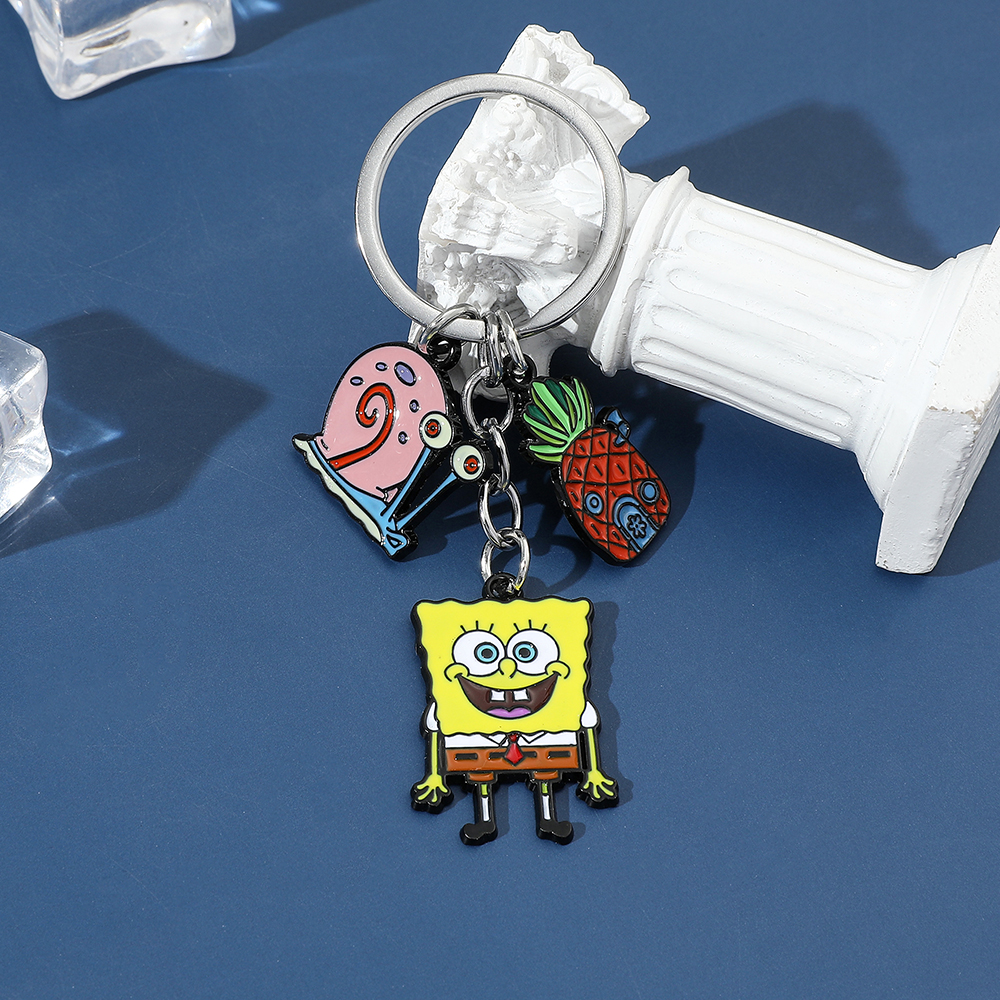 Spongebob Squarepants Metal Keychain Necklace Set Gary the Snail Pineapple House Enamel Pendant Key Chain Car Keyholder for Men. 