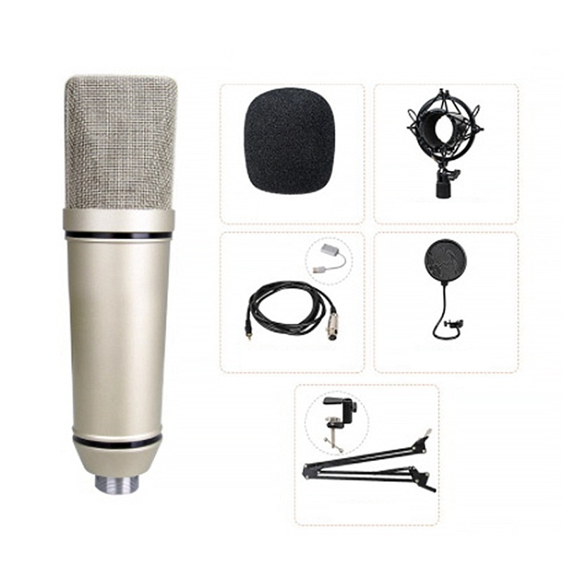 Professional Studio Record Condenser Microphone U87 With Shock Mount, Stand, holder, pop Filter,  XLR to 3.5mm Audio cable, Mic Foam For Mobile Computer laptop Gaming Podcast Silver. 