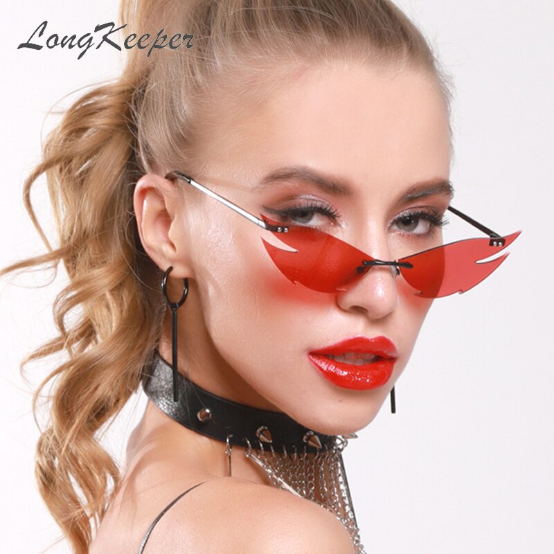 【happy one】C3 black silverLongKeeper 2020 Punk Style Sharp Shape Sunglasses Fashion Rimless Cat Eye Sun Glasses oculos feminino. 