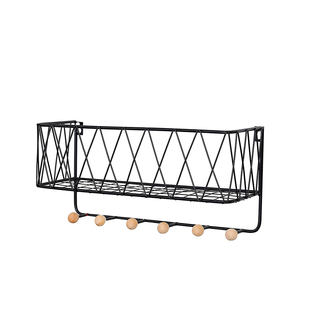 Wall-Mounted Mail Holder with 6 Key Hooks, Wire Mesh Storage Basket