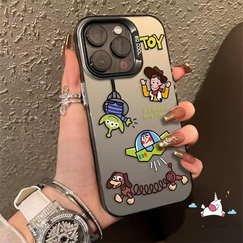 Fashion Sticker Cute Alien Buzz Lightyear Phone Case Compatible for IPhone 11 14 12 15 13 Pro Max XR X XS Max 14 15 Plus Cartoon Toy Story Luxury Plating Metal Shockproof Soft Cover