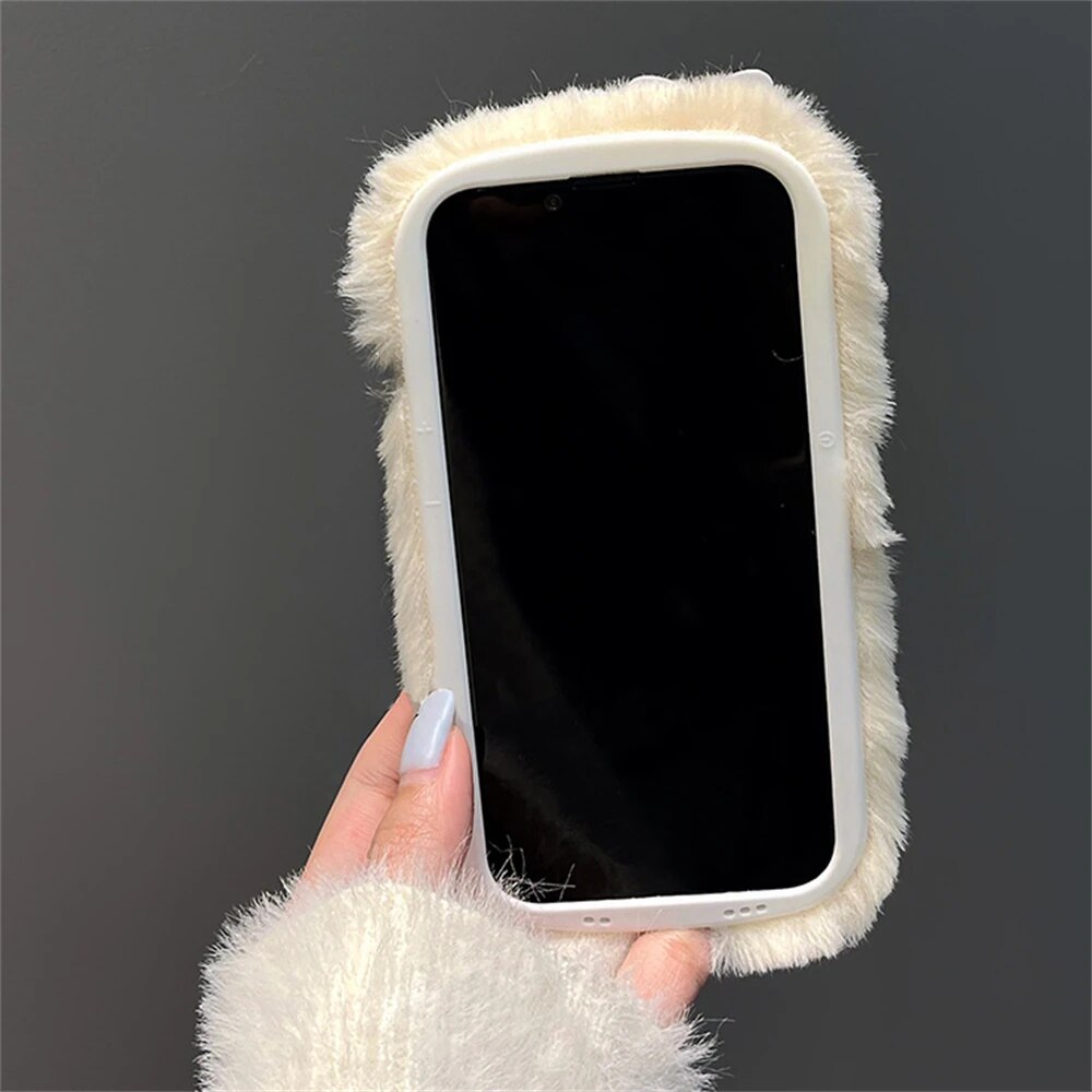Korean Warm Winter 3D Cartoon Cute Plush Love Heart Soft Case For IPhone 14 Pro Max 15 Pro Max 13 12 11 Shockproof Back Cover. 