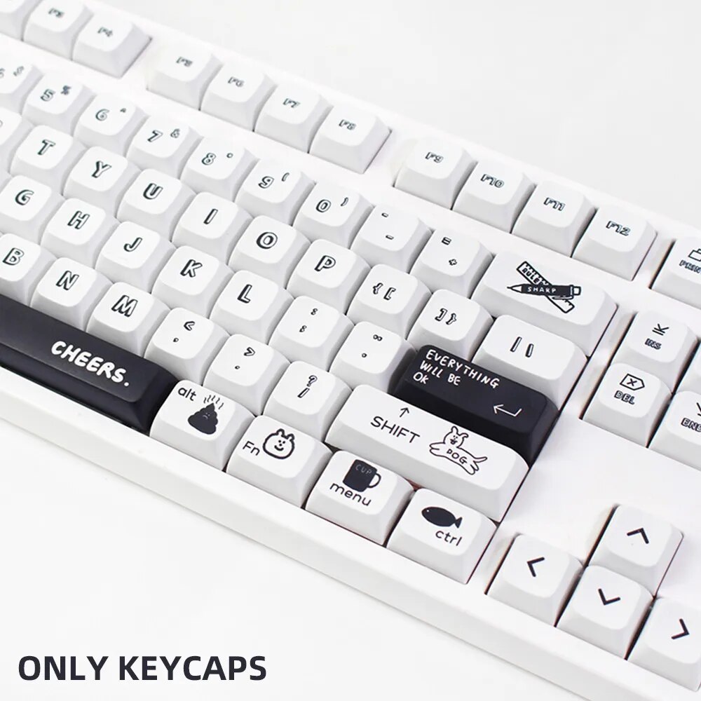 130 Keys Black White Cartoon Keycaps XDA Profile PBT Dye Sublimation Personalized KeyCaps For GMK67 75 87 Mechanical Keyboard. 