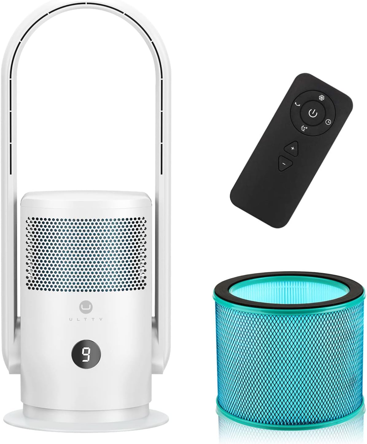 ULTTY Bladeless Tower Fan and Air Purifier in one, 90° Oscillating Bladeless Fan with Remote, Touch, 8H Timer, Floor Fans for