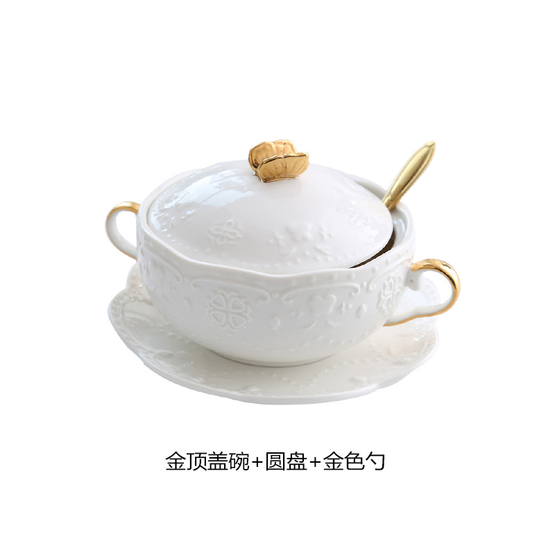 Ceramic Cubilose Bowl Dessert Bowl Double Ears with Lid Slow Cooker Tremella, a Kind of Semi-Transparent White Fungus Soup Bowl Exquisite Tureen European Porringer Tableware Zeng Wan. 