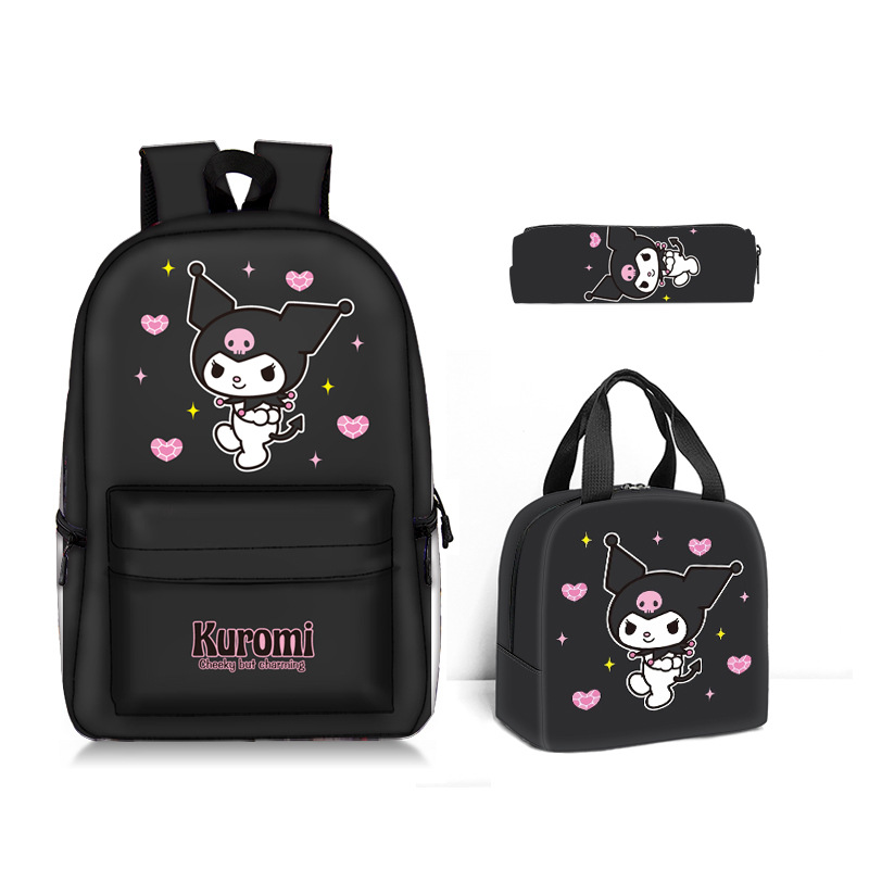 Sanrio kulomi kuromi school bag student backpack thermal insulation tote lunch bag pencil case three-piece set